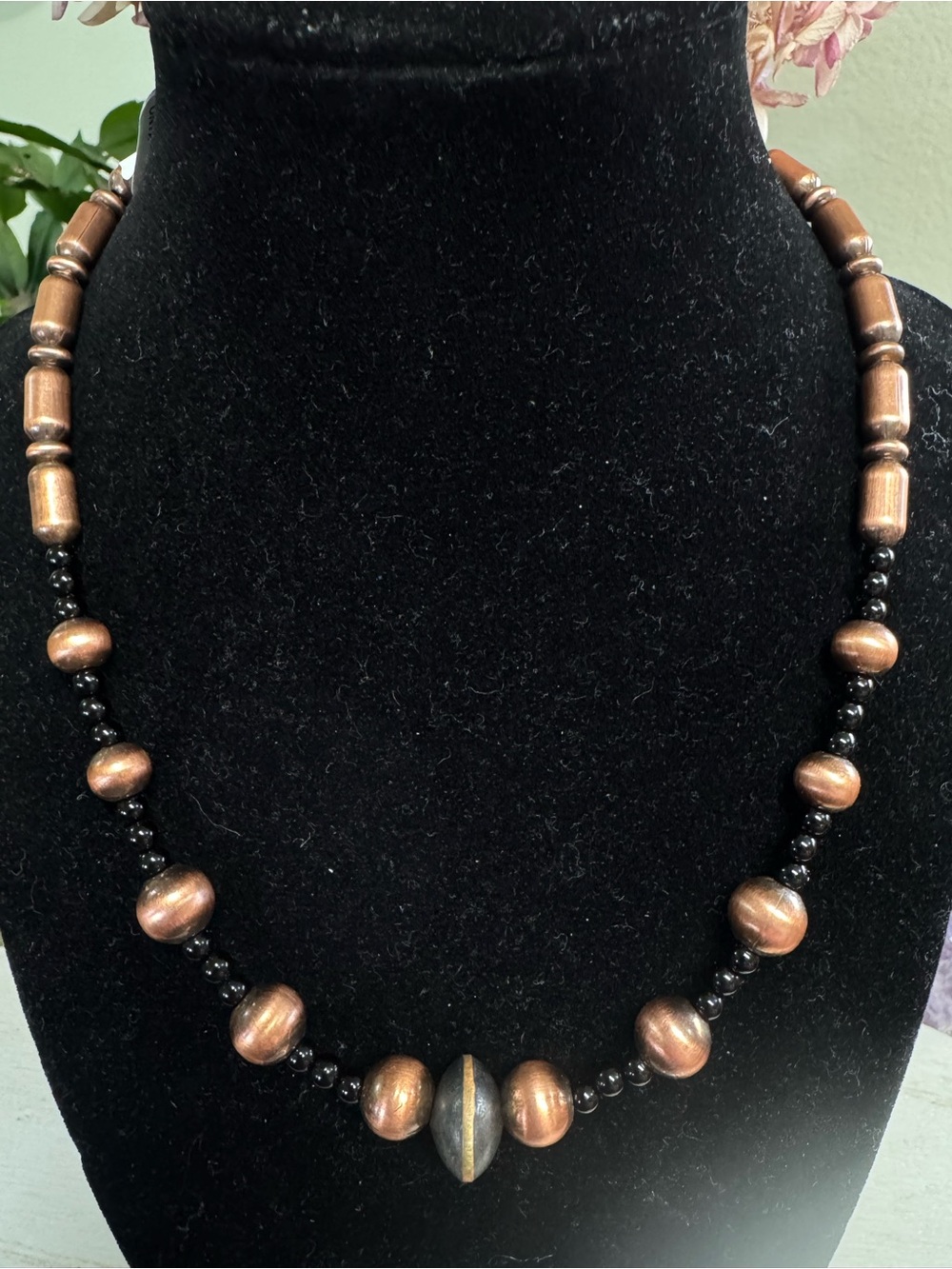 16” Handcrafted Copper and Black Onyx Navajo-style Beaded Necklace